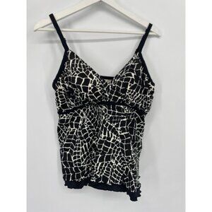 Miraclesuit Sz 16W Tankini Swimsuit Top Black & White Padded Bra V-NECK